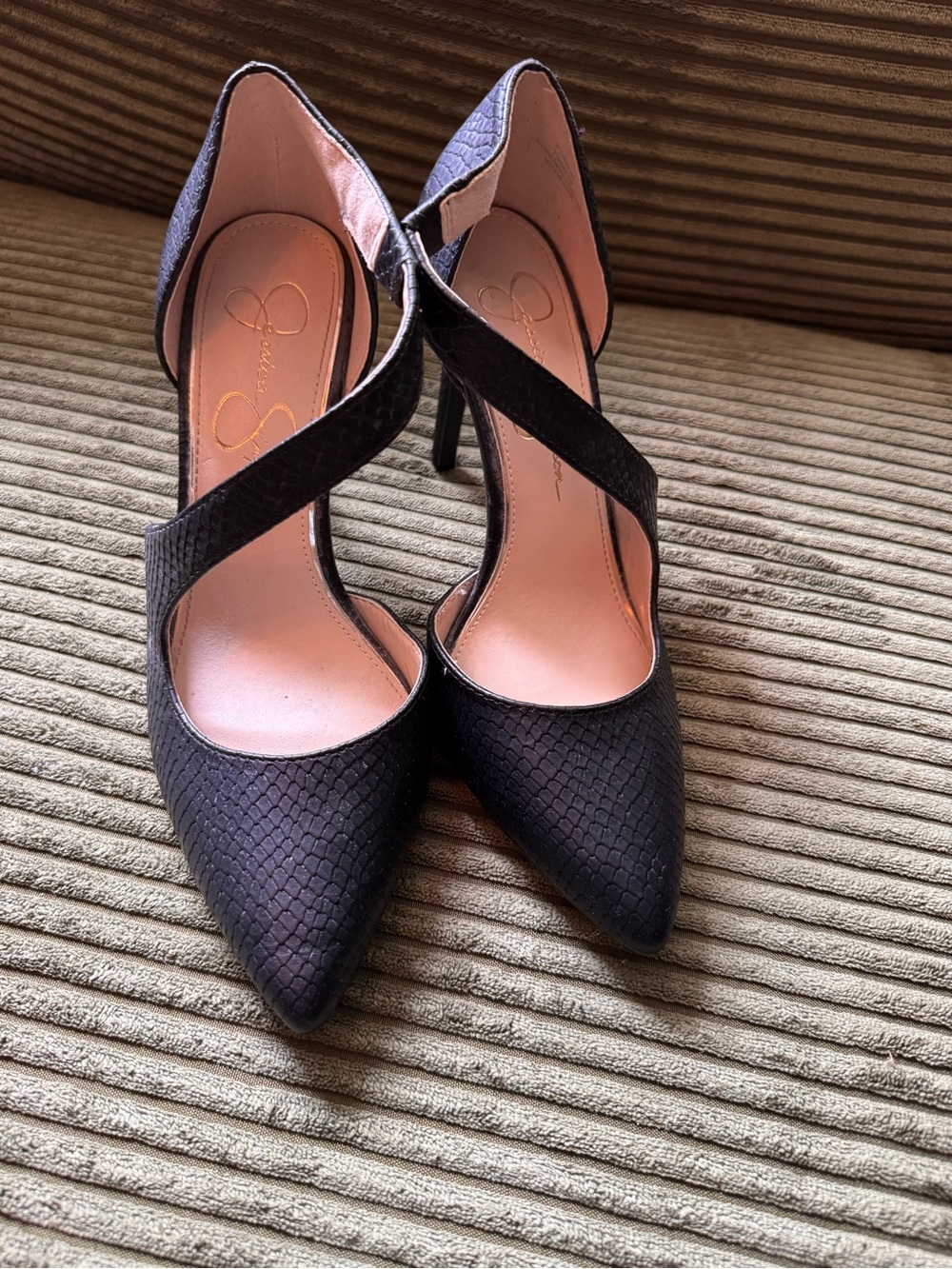 Jessica Simpson Black Snake-Texture Pointed Toe Heels with Cross Strap